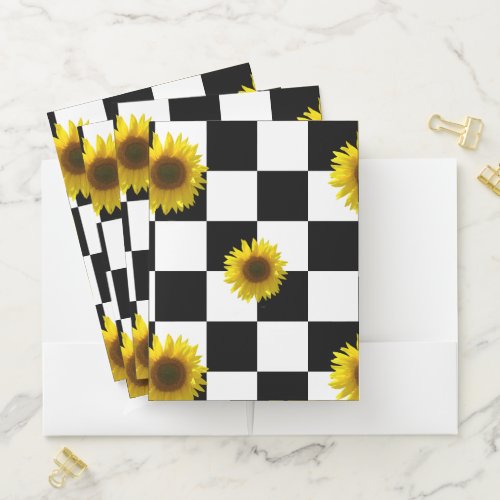 Black and White Checkered  Sunflower Print Pocket Folder