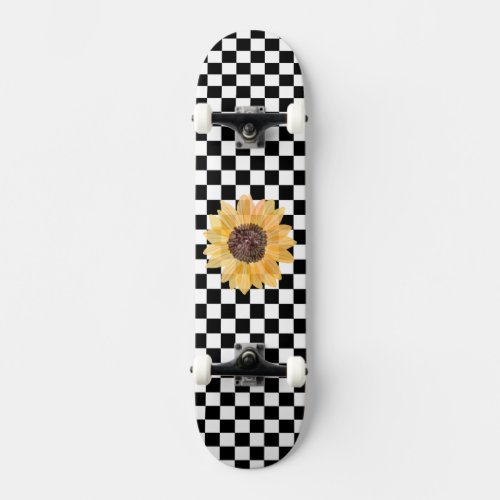 Black and White Checkered  Sunflower Print Skateboard