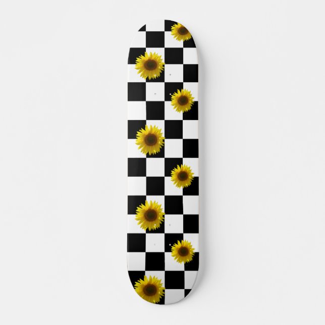 Black and White Checkered & Sunflower Print Skateboard (Front)
