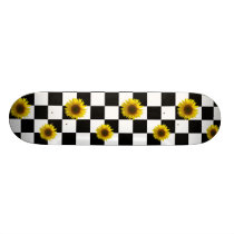 Black and White Checkered & Sunflower Print Skateboard Black and White Checkered & Sunflower Print Skateboard