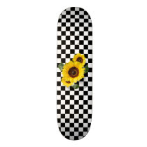 Black and White Checkered & Sunflower Print Skateboard Black and White Checkered & Sunflower Print Skateboard