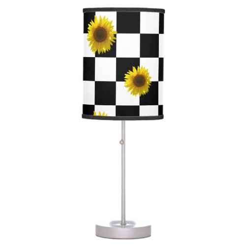 Black and White Checkered  Sunflower Print Table Lamp
