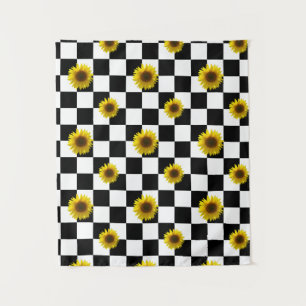 Black and White Checkered & Sunflower Print Tapestry
