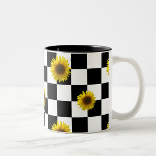 Black and White Checkered & Sunflower Print Two-Tone Coffee Mug