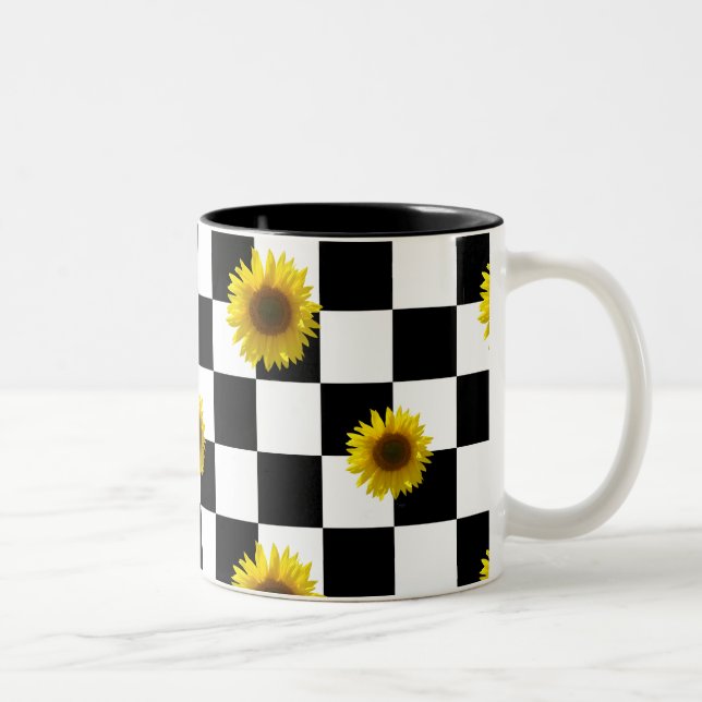 Black and White Checkered & Sunflower Print Two-Tone Coffee Mug (Right)