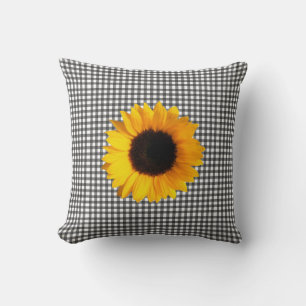 Black and White Checkered & Sunflower Throw Pillow