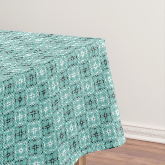 Black and White Checkered Teal Pattern Tablecloth (In Situ)