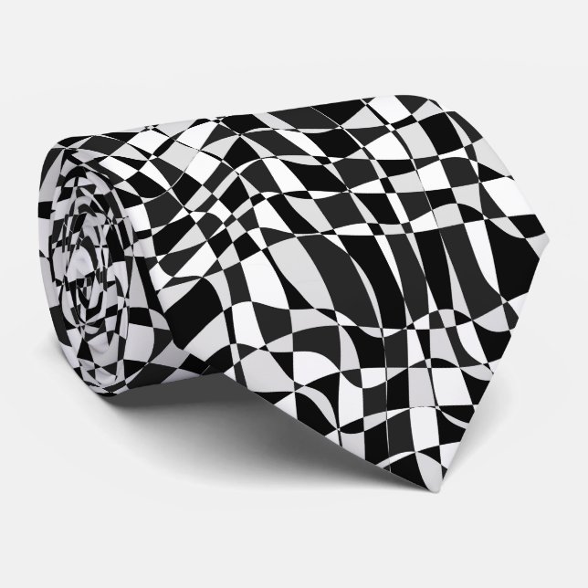 Black and White Checkered Warp Pattern Neck Tie (Rolled)