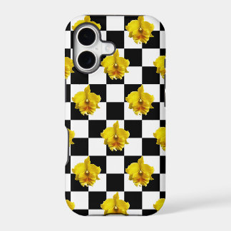 Black and White Checks with Yellow Orchid iPhone 17 Case