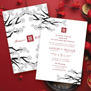 Black And White Cherry Blossoms 囍 Chinese Wedding Invitation