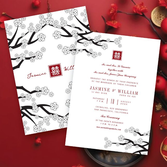Black And White Cherry Blossoms 囍 Chinese Wedding Invitation (Black And White Sakura Cherry Blossoms 囍 Chinese Wedding Invitation @ fatfatin_red_knot)