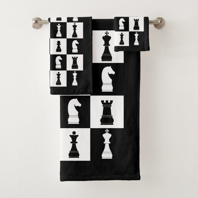 Black And White Chess Game Figures Bath Towel Set (Insitu)