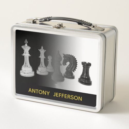 Black and White Chess Pieces Gold Name Metal Lunch Box