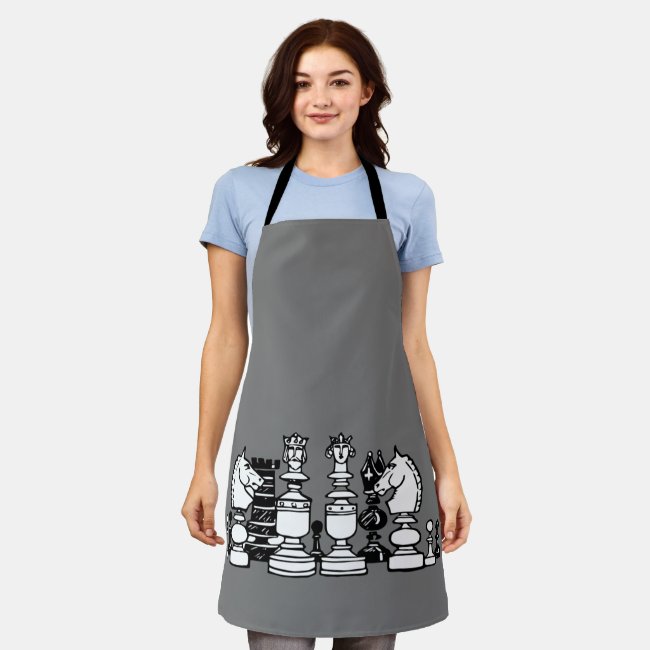 Black and White Chess Pieces Gray Apron
