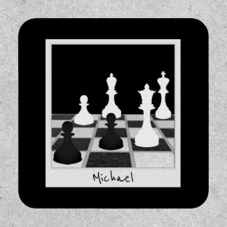 Black and White Chess Pieces on Chessboard Retro Patch