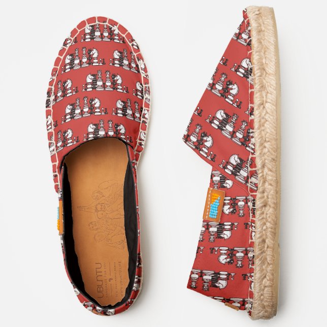 Black and White Chess Pieces Pattern #2, Red Canvs Espadrilles (Side)
