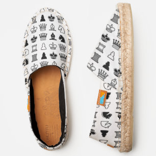 Black and White Chess Pieces Pattern, White Canvas Espadrilles