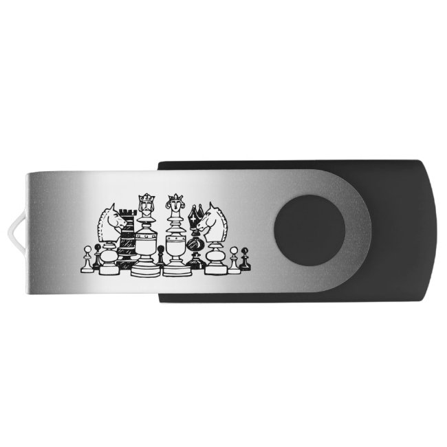 Black and White Chess Pieces Silver Flash Drive