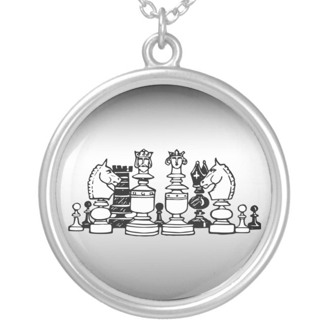 Black and White Chess Pieces Silver Necklace