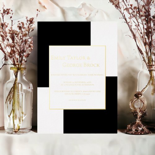 Black And White Chess Theme Modern Wedding Gold Foil Invitation