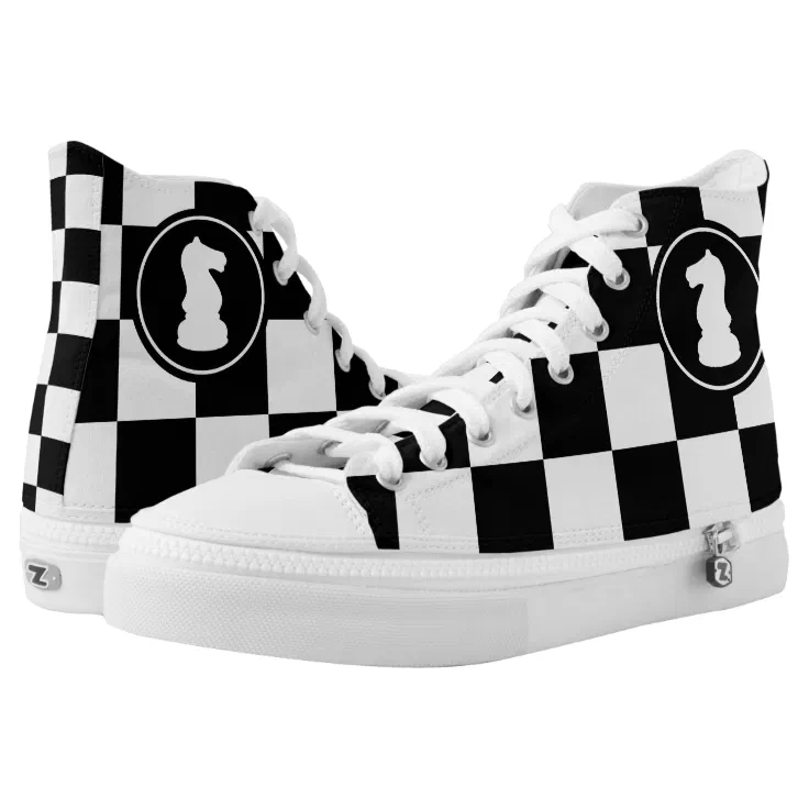 Black and White Chessboard Chess Knight High-Top Sneakers | Zazzle