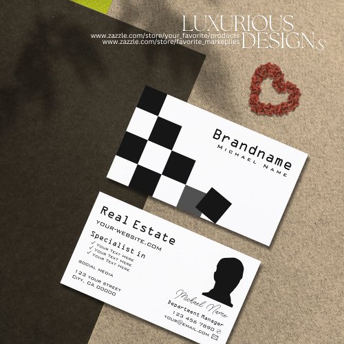 Black and White Chessboard Modern with Photo Cool Business Card