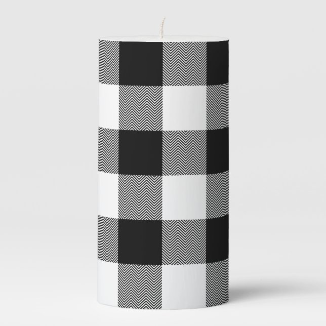 Black and White Chevron Buffalo Plaid Pillar Candle (Front)