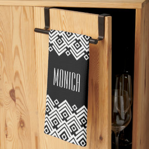 Black and white chevron damask custom name kitchen towel