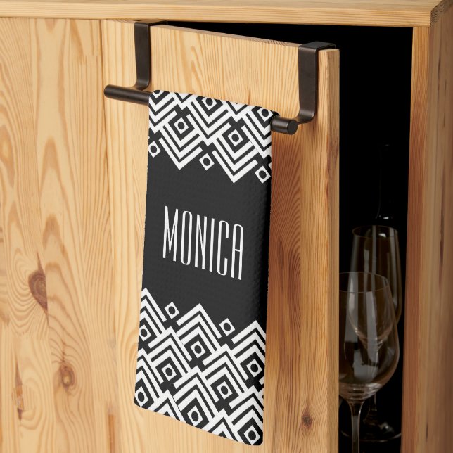 Black and white chevron damask custom name kitchen towel (Thirds Fold)