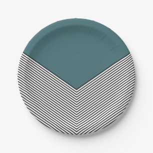 Black and white chevron design and blue triangle paper plates