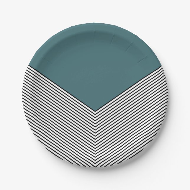 Black and white chevron design and blue triangle paper plates (Front)