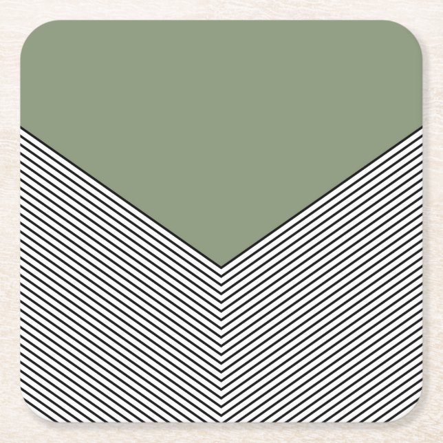 Black and white chevron design and green triangle square paper coaster (Front)