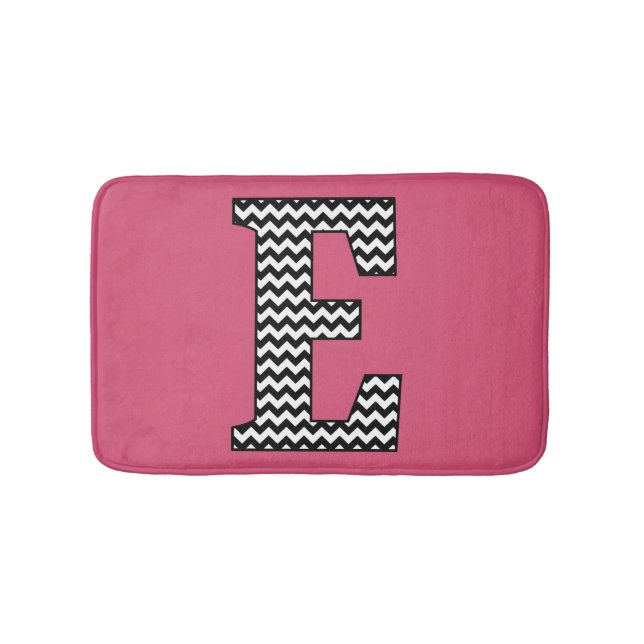 Black and White Chevron Letter E Monogram Bath Mat (Front)