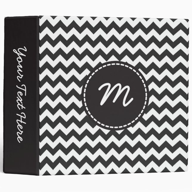 Black and White Chevron Pattern Custom Monogram 2 3 Ring Binder (Front/Spine)