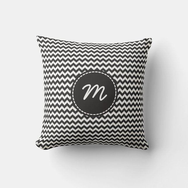 Black and White Chevron Pattern Custom Monogram Throw Pillow (Front)