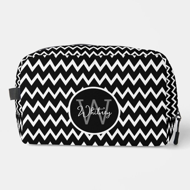 Black And White Chevron Pattern Monogrammed Large Dopp Kit (Front)