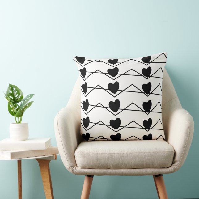 Black and White Chevron Stripe Hearts Pattern Throw Pillow (Chair)