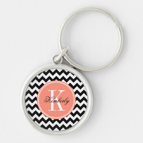 Black and White Chevron with Coral Monogram Keychain