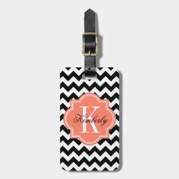 Black And White Chevron With Coral Monogram Luggage Tag by PastelCrown at Zazzle
