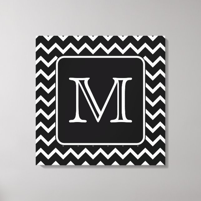 Black and White Chevron with Custom Monogram. Canvas Print (Front)