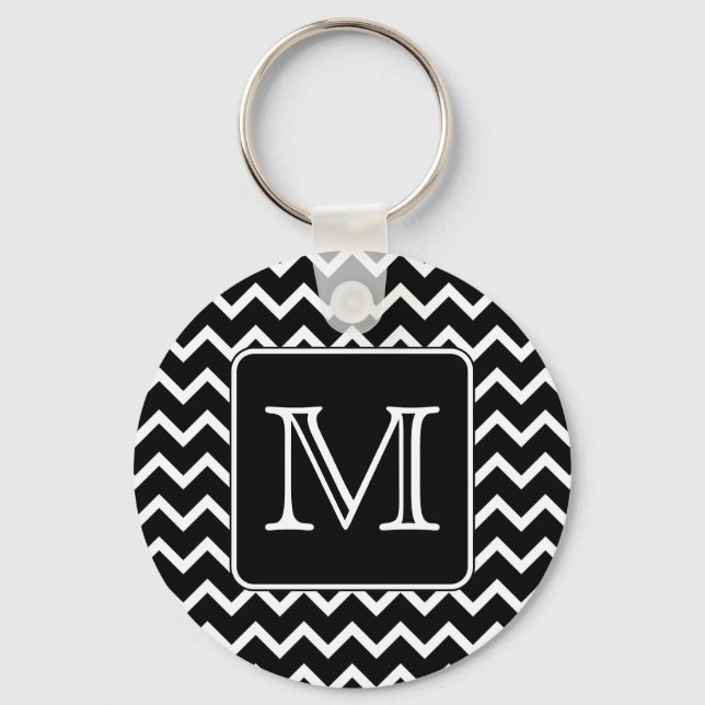 Black and White Chevron with Custom Monogram. Keychain (Front)