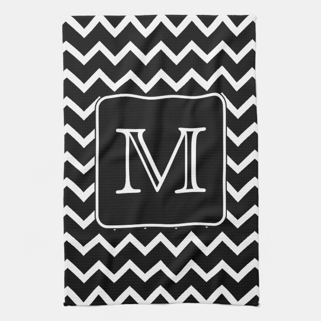 Black and White Chevron with Custom Monogram. Kitchen Towel (Vertical)