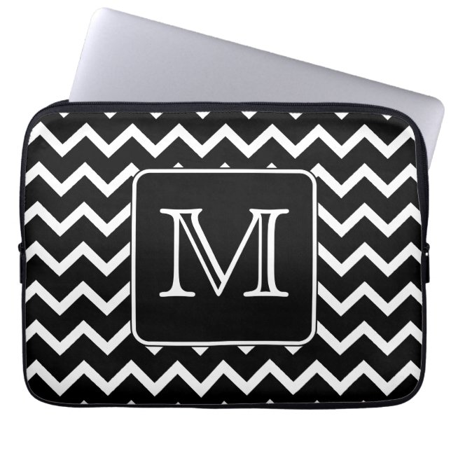 Black and White Chevron with Custom Monogram. Laptop Sleeve (Front)