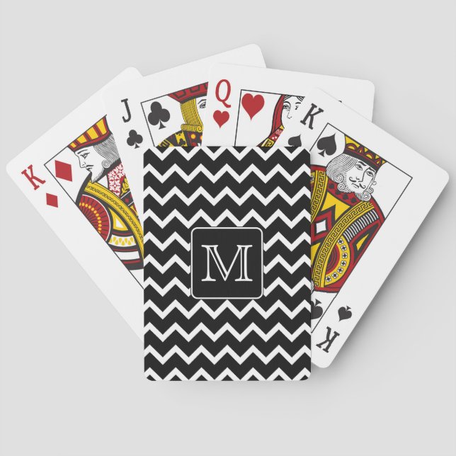 Black and White Chevron with Custom Monogram. Poker Cards (Back)