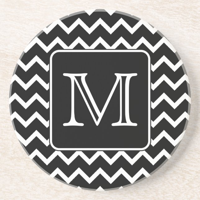 Black and White Chevron with Custom Monogram. Sandstone Coaster (Front)