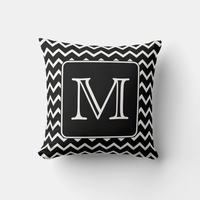 Black and White Chevron with Custom Monogram. Throw Pillow (Front)