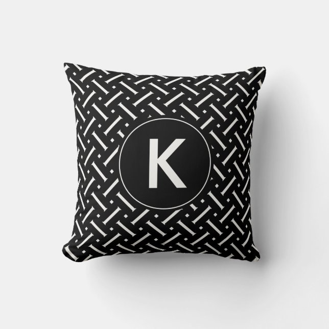 Black and White Chevron with Custom Monogram Throw Pillow (Front)