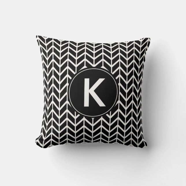 Black and White Chevron with Custom Monogram Throw Pillow (Front)