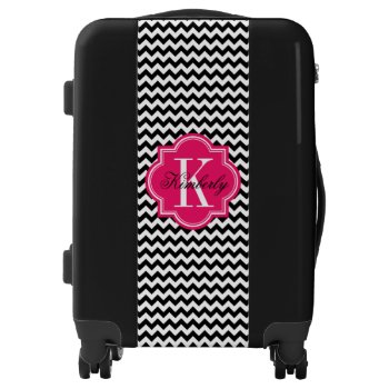 Black And White Chevron With Hot Pink Monogram Luggage by PastelCrown at Zazzle