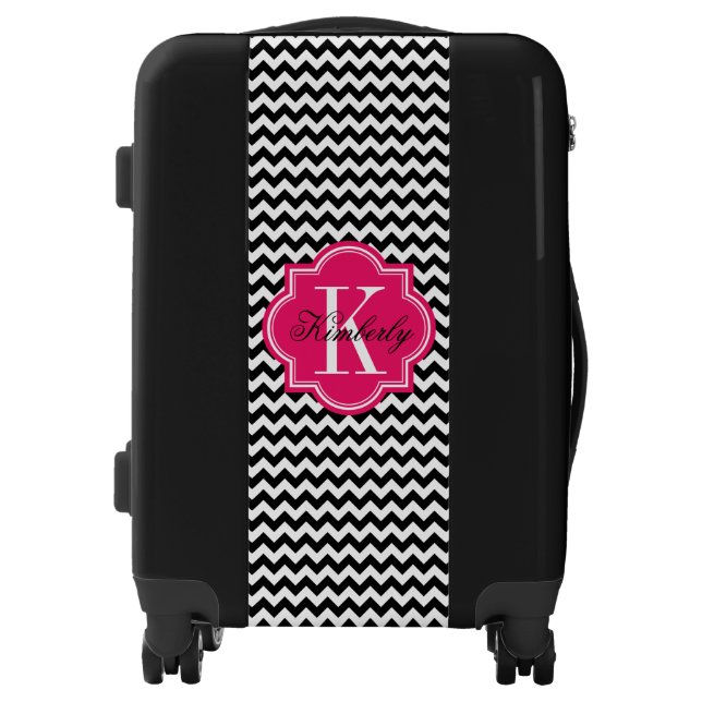 Black and White Chevron with Hot Pink Monogram Luggage (Front)